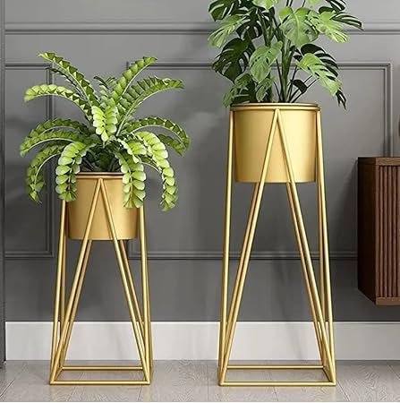 Luxury Geometric Gold Metal Plant Stand Set of 2 | Modern Indoor Planters for Living Room & Home Décor