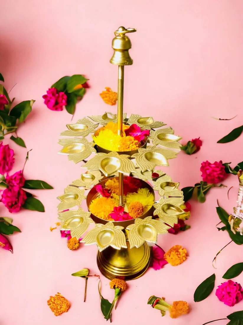 Luxury 2-Tier Metal Diya Stand with Urli Bowl | Multi-Layer Tealight Holder for Diwali Decoration | Festive Table Centerpiece for Home, Wedding & Pooja