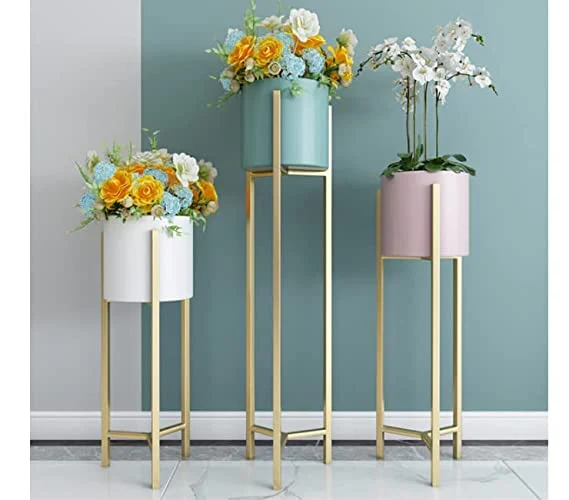 Modern Pastel & Gold Metal Plant Stand Set of 3 | Designer Indoor Planters for Living Room & Home Décor