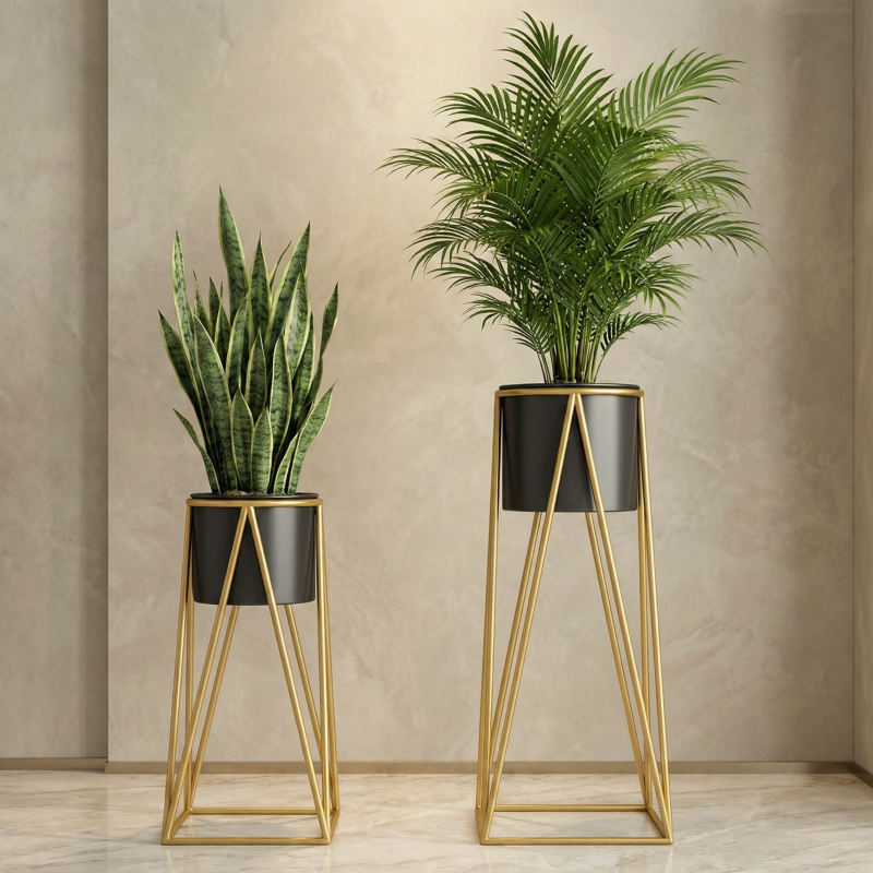 Black & Gold Metal Planter Stand Set of 2 – Modern Tall Indoor Floor Planters