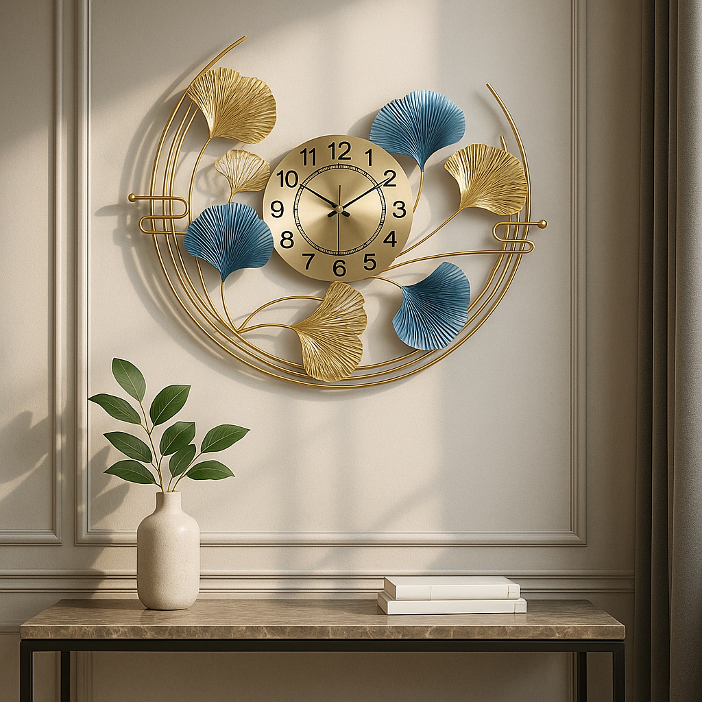 Luxury Ginkgo Leaf Round Metal Wall Clock – Gold & Blue Designer Wall Clock