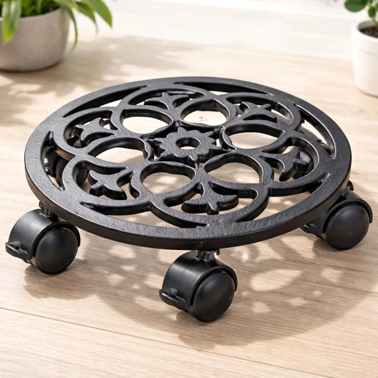 Decorative Round Metal Plant Stand with Wheels | Heavy-Duty Rolling Flower Pot Holder for Indoor & Outdoor Plants